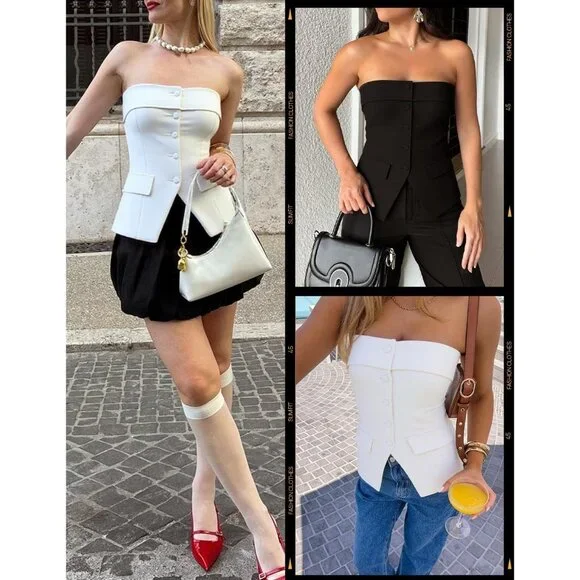 Women's White Summer Going Out Sleeveless Button Down Dressy Tube Vest Tops - Picture 5 of 6